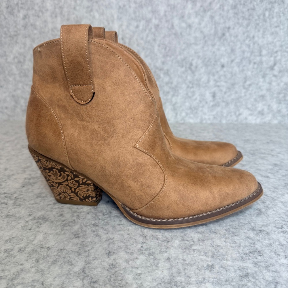 Very G Ankle Boots Women 10 Tan Western Floral Embossed Block Heel